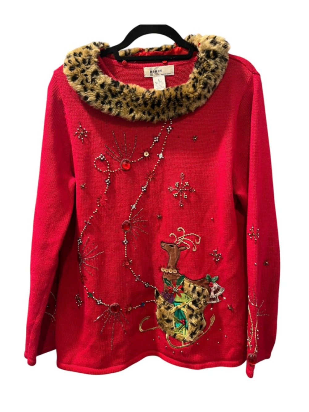 Vtg Kikit Ugly Christmas Sweater L Red Faux Fur Leopard Collar Beaded Reindeer